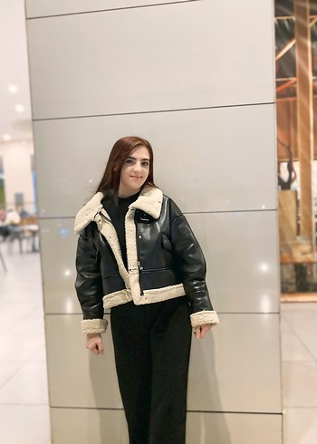 Siyah Deri Kadın Ceket, Kürklü, Salaş Kesim