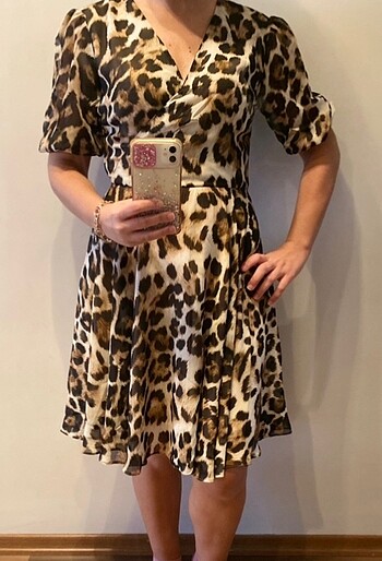 Leopar şifon kruvaze elbise