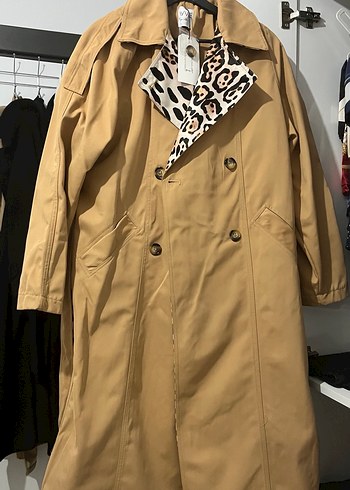 Leopar Desenli Bej Uzun Trençkot - Görsel 3