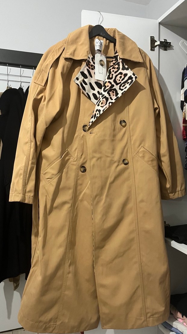 Leopar Desenli Bej Uzun Trençkot - Görsel 3