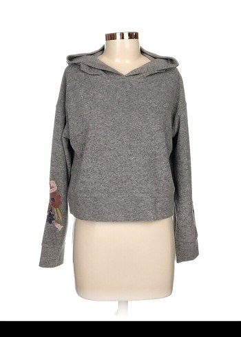 Nakışlı Gri Kapüşonlu Kadın Sweatshirt havlumsu - Görsel 3