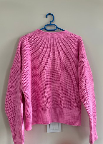 Pembe Örgü V Yakalı Kadın Hırka - Görsel 3