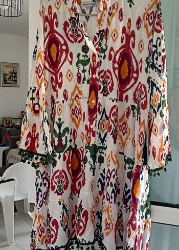 Bohem Çok Renkli Uzun V Yaka Elbise - Görsel 5