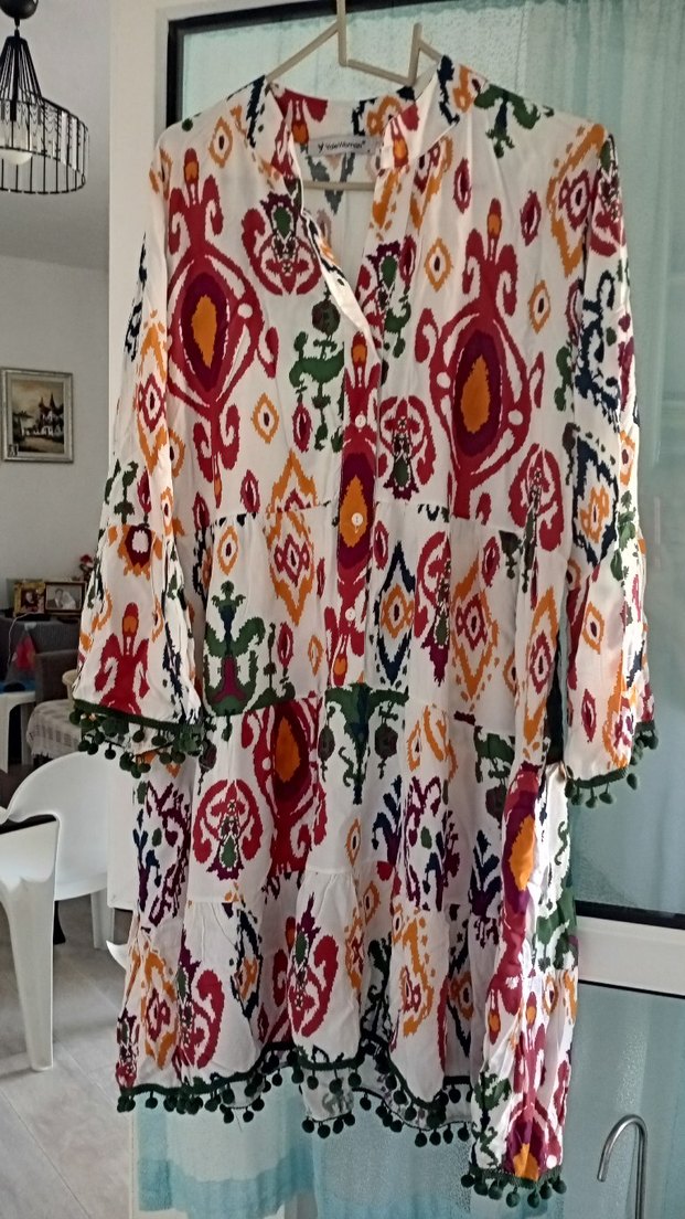Bohem Çok Renkli Uzun V Yaka Elbise - Görsel 5