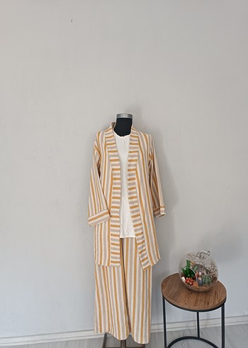38 Beden Bej Çizgili Bohem kimono Takımı