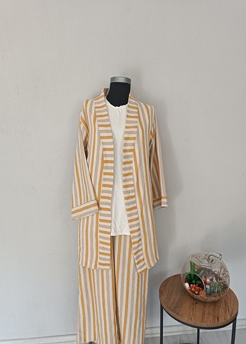Zara Bej Çizgili Bohem kimono Takımı