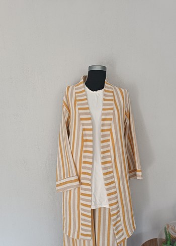 38 Beden sarı Renk Bej Çizgili Bohem kimono Takımı