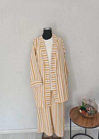 Bej Çizgili Bohem kimono Takımı