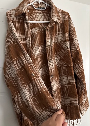 Kadın Kahverengi Düğmeli Ekose Gömlek - Görsel 3