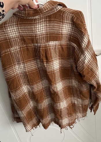 Kadın Kahverengi Düğmeli Ekose Gömlek - Görsel 6