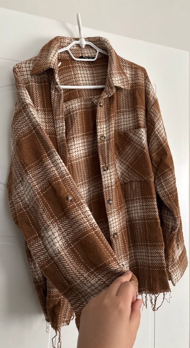 Kadın Kahverengi Düğmeli Ekose Gömlek - Görsel 3