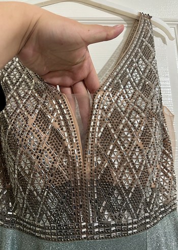 Gri Payetli Uzun Abiye Elbise - Görsel 6