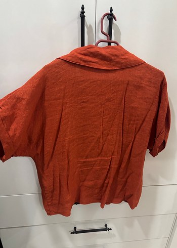 Düğmeli Kırmızı Keten Kadın Gömlek - Görsel 3