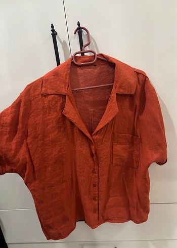 Düğmeli Kırmızı Keten Kadın Gömlek - Görsel 2