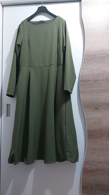 3 XL beden 46 48 beden uyumlu uzun kollu midi haki yeşil elbise 