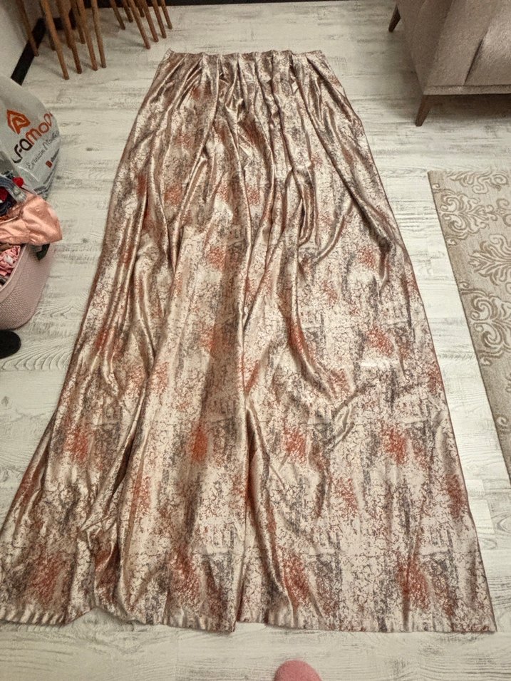 Patine Desenli Saten Fon Perde- Bej-kiremit Rengi Modern Perde - Görsel 5