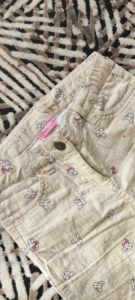 Kız Çocuk Bej Desenli Düğmeli Pantolon - Görsel 3