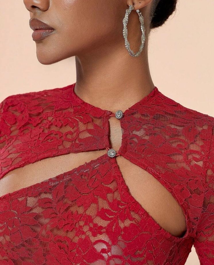 Kırmızı Dantel Uzun Tulum - Görsel 2