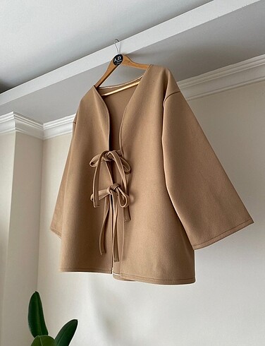 xl Beden camel Renk Bağlamalı kaşe ceket