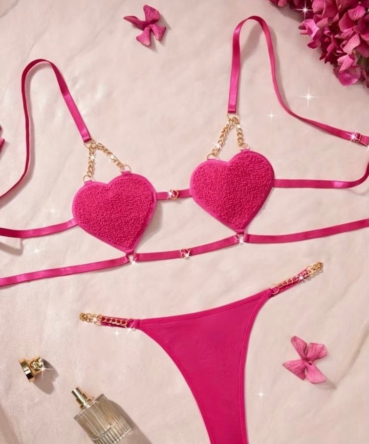 Pembe Nakışlı Dantel Kalp Sütyen alt üst takım 0 ürün - Görsel 2