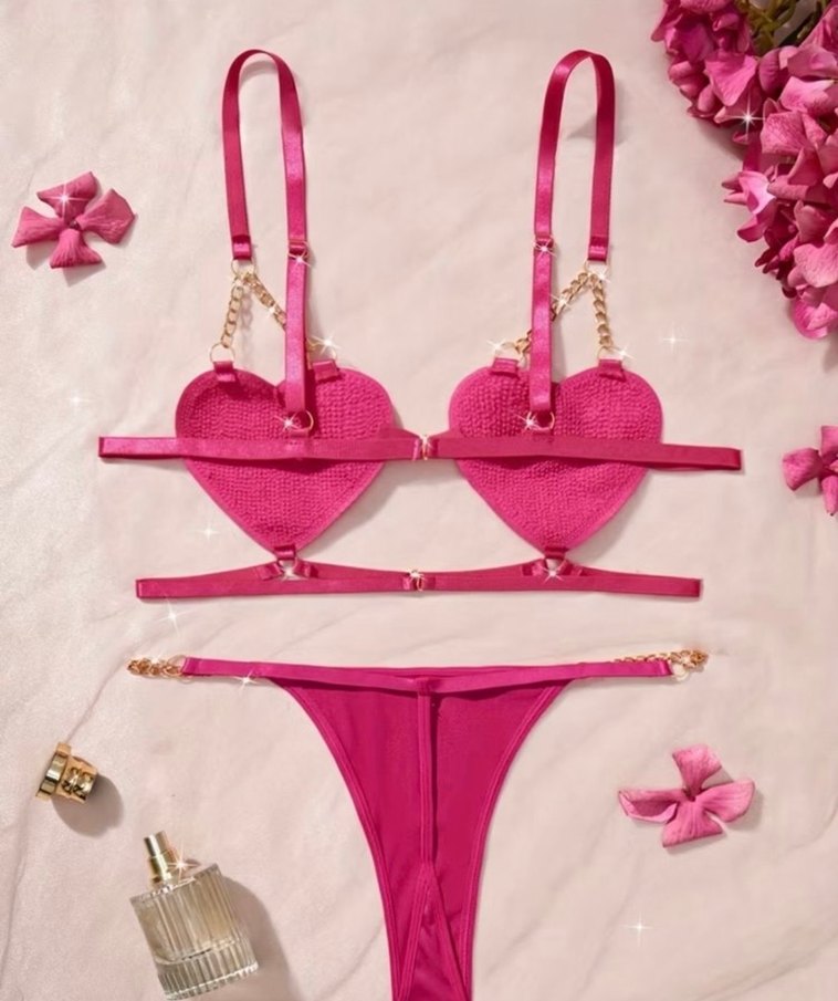 Pembe Nakışlı Dantel Kalp Sütyen alt üst takım 0 ürün - Görsel 3