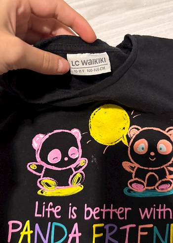 Kız Çocuk Siyah Pamuklu Panda Baskılı Tişört - Görsel 2