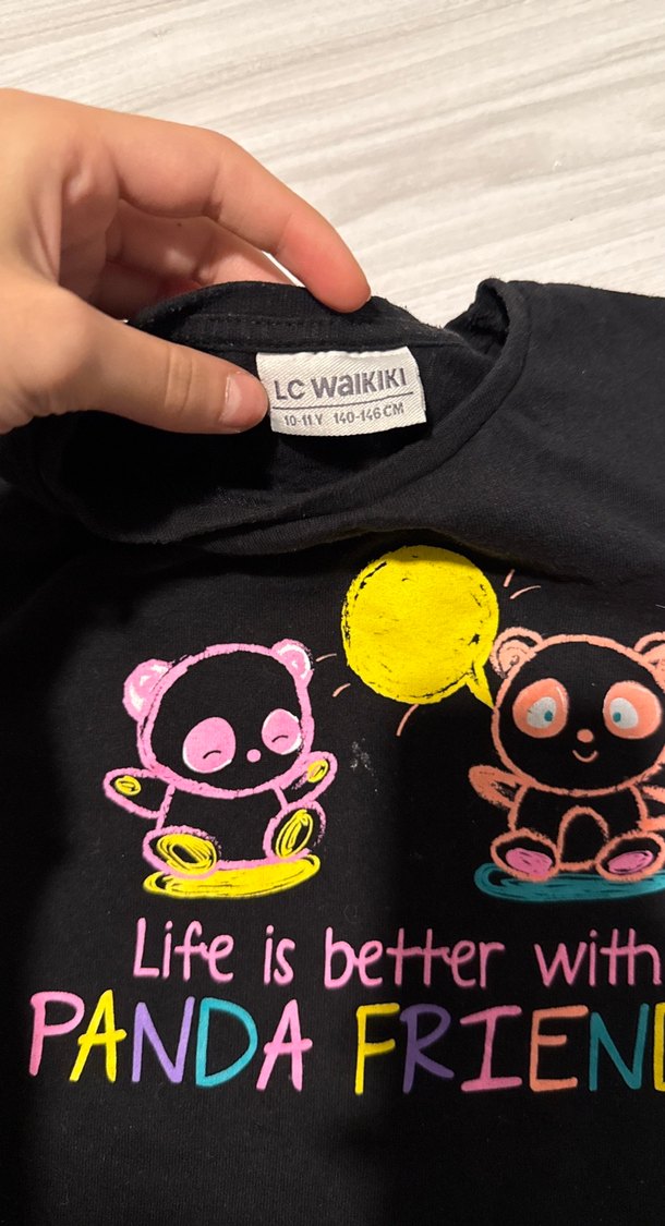 Kız Çocuk Siyah Pamuklu Panda Baskılı Tişört - Görsel 2