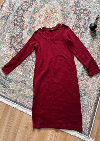 Bordo V Yakalı Uzun Kollu Triko Elbise