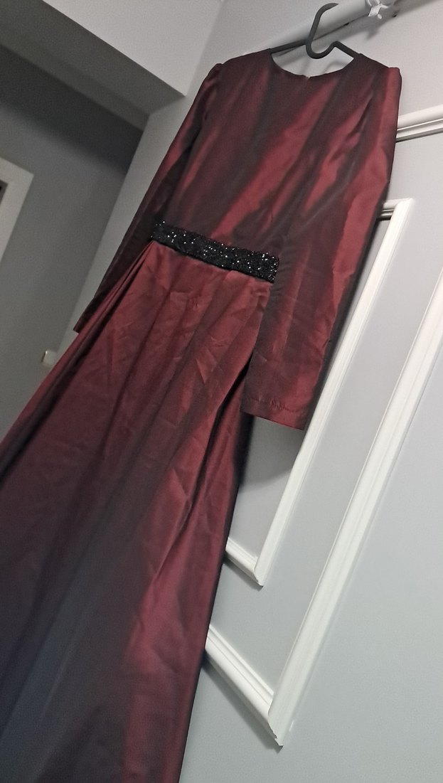 Bordo Uzun Kollu Vintage Uzun Abiye Elbise - Görsel 4