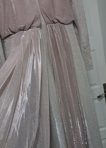 Uzun Kollu V Yakalı Bej Kadın Abiye Elbise - Görsel 7