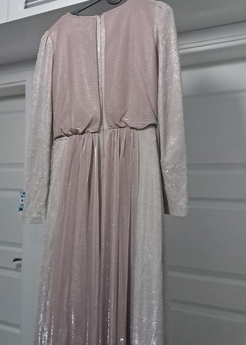 Uzun Kollu V Yakalı Bej Kadın Abiye Elbise - Görsel 6