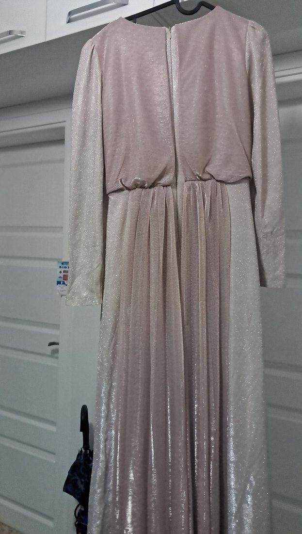 Uzun Kollu V Yakalı Bej Kadın Abiye Elbise - Görsel 4