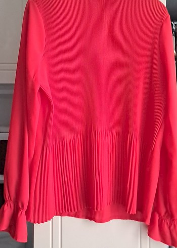 Kırmızı Pileli Yüksek Yakalı Kadın Bluz - Görsel 6