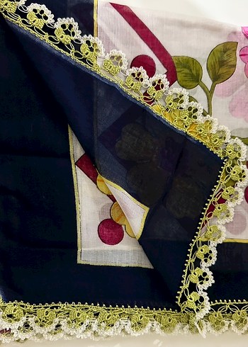 Dantel Kenarlı Parlak Mavi Kadın tülbent el işi çeyizlik - Görsel 8