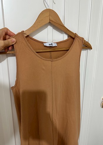 Bej Midi Kolsuz Rahat Kesim Elbise-ADL - Görsel 4