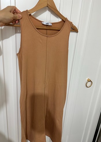 Bej Midi Kolsuz Rahat Kesim Elbise-ADL - Görsel 2