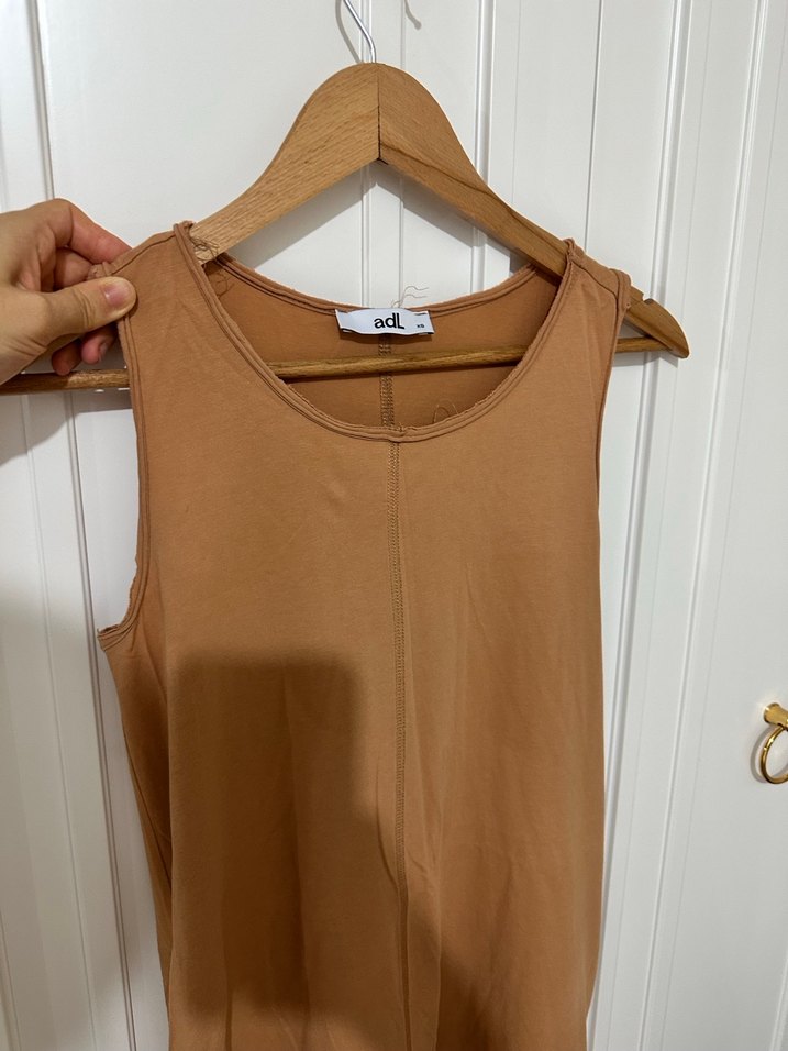 Bej Midi Kolsuz Rahat Kesim Elbise-ADL - Görsel 4