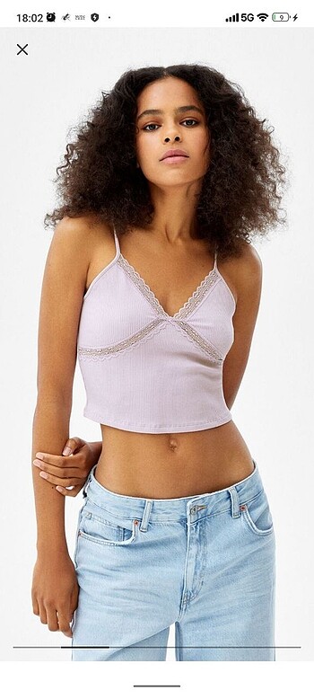 Bershka lila askılı fitilli crop