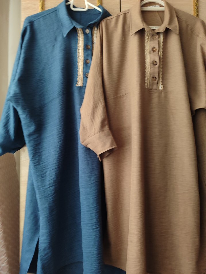 Düğmeli Nakışlı Uzun Keten Elbise - Görsel 2