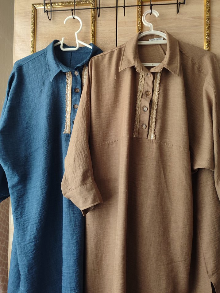 Düğmeli Nakışlı Uzun Keten Elbise - Görsel 4