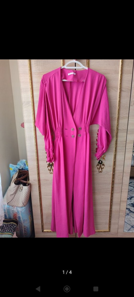 Pembe Uzun V Yaka Kemerli Elbise - Görsel 3