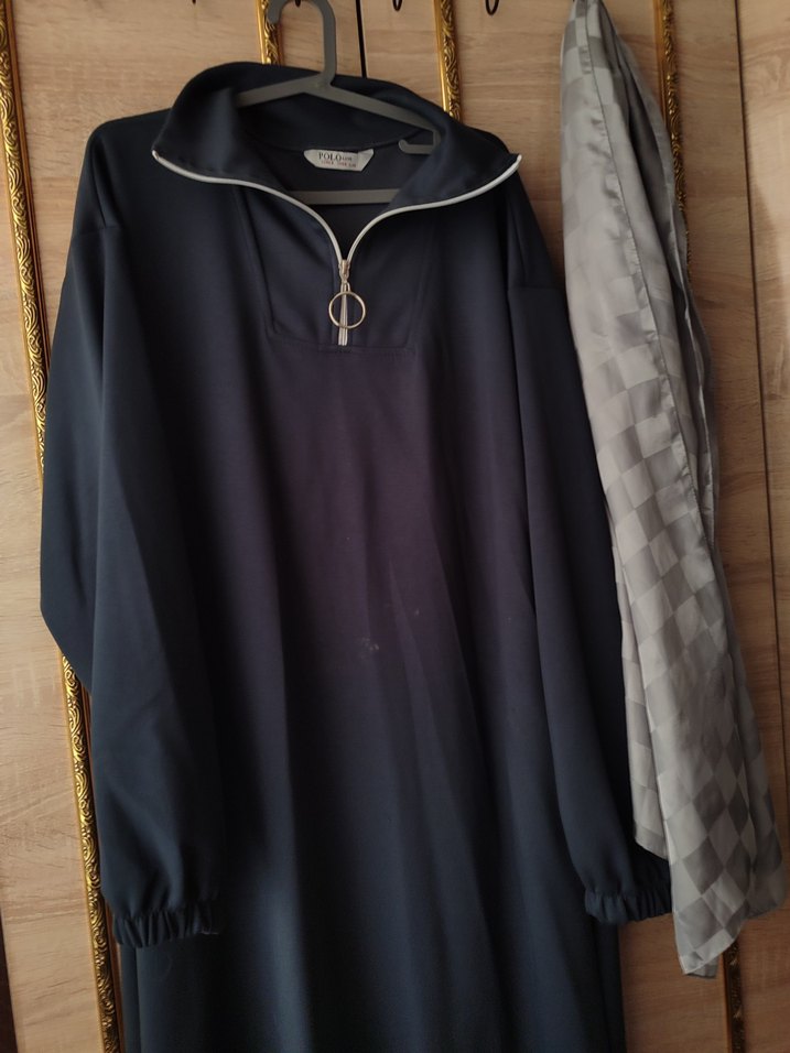 Lacivert Uzun Kollu Rahat Kesim Elbise - Görsel 2