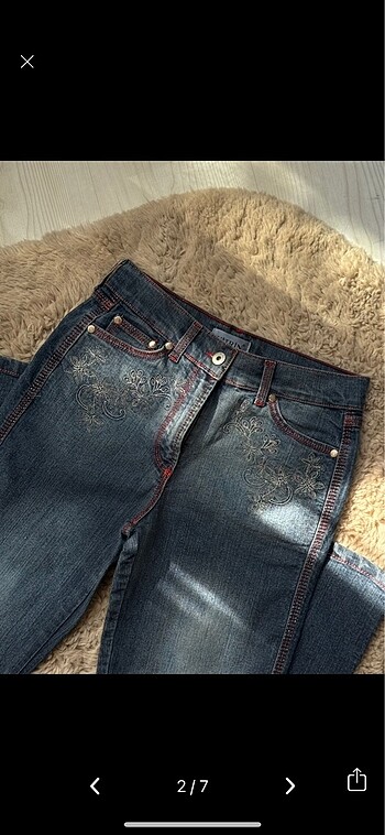 American Vintage Y2k işlemeli simli pantolon denim çiçek