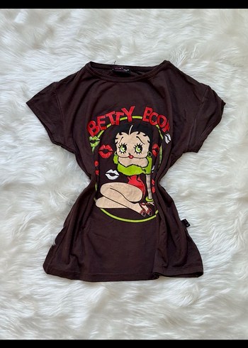 Y2k Kahverengi Betty Boop Baskılı Kemerli Tişört