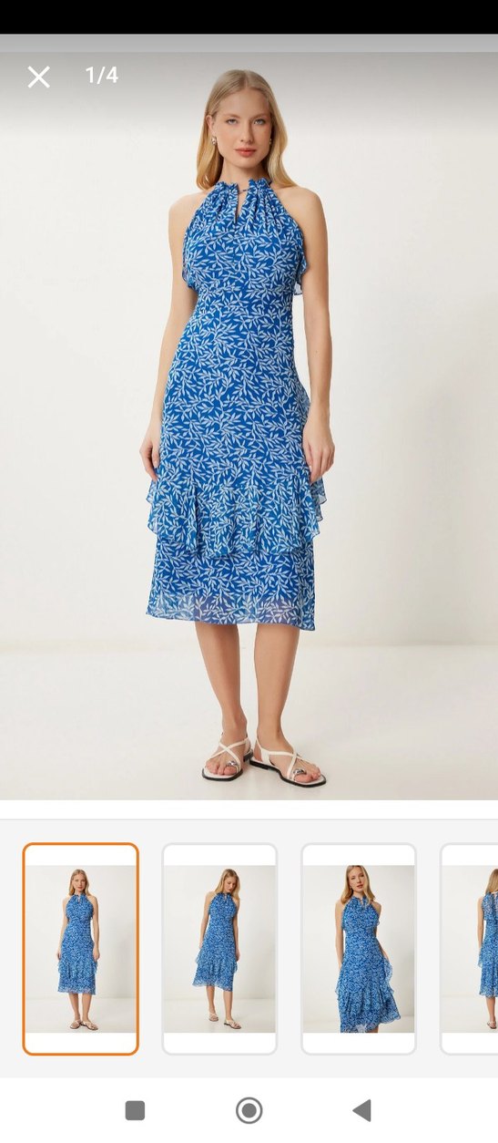 Mavi Bağlama Desenli Fırfırlı Midi Elbise - Görsel 2