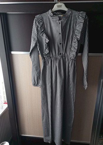 Uzun Kollu Fırfırlı Siyah Beyaz Ekoseli Elbise - Görsel 2