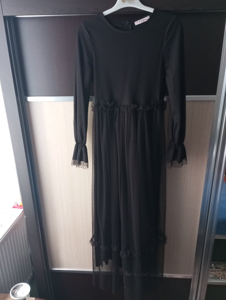 Uzun Kollu Siyah Gotik Kadın Elbise - Görsel 4