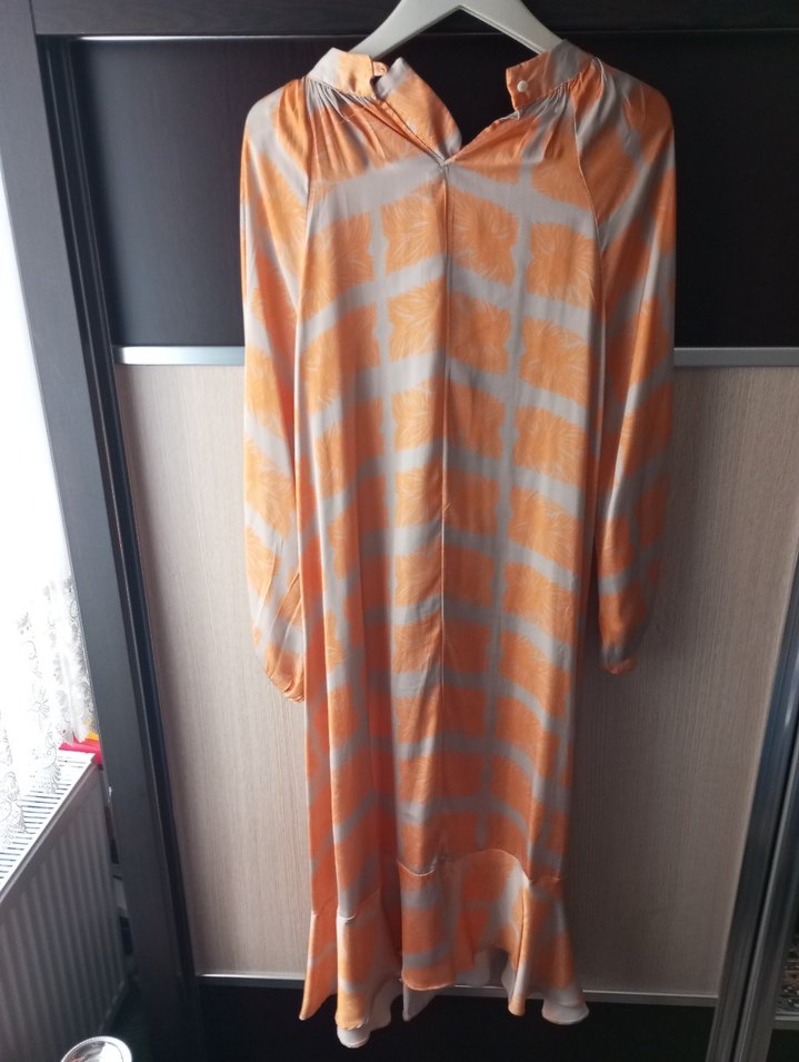 Turuncu Gri Batik Desenli Uzun Kadın Elbise - Görsel 4