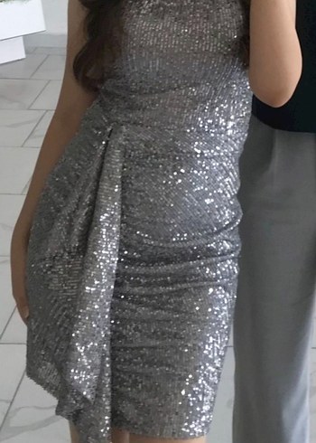 Gri Drapeli ful payet Abiye Elbise - Görsel 3