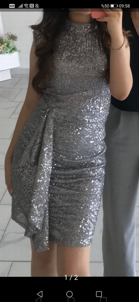 Gri Drapeli ful payet Abiye Elbise - Görsel 3